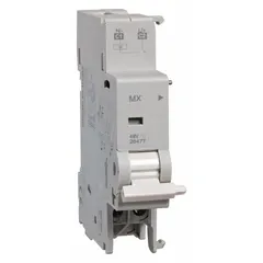 Shunt trip release accessory for Multi-9 circuit breakers. Operates at 110/415V AC to enable remote tripping of the circuit breaker when voltage is applied. Used in control panels and emergency shutdown circuits for remote disconnection of electrical loads.
