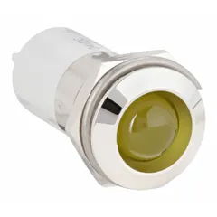 Yellow LED indicator pilot light with raised head for panel mounting. Features M16 thread and 0.11 male quick disconnect electrical connection. Used on industrial control panels and machinery to provide visual status indication.