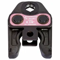 This press jaw is designed for use with MaxiPro press tools, accommodating 7/8 in pipe. It is suitable for pressing copper and steel pipes in plumbing, HVAC, and industrial piping installations