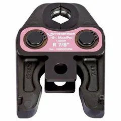 This press jaw is designed for use with MaxiPro press tools, accommodating 7/8 in pipe. It is suitable for pressing copper and steel pipes in plumbing, HVAC, and industrial piping installations.