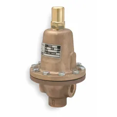 Cast iron pressure regulator with FNPT x FNPT connections, 3/4 in x 3/4 in size. Rated for temperatures from 40°F to 450°F. Used to maintain set upstream pressure in steam, water, and gas lines for process control applications.