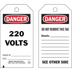 White cardstock tags printed with black and red text for electrical hazard identification. Each tag includes fields for signature and date, and a 'Danger/Do Not Remove This Tag' message. Supplied with cotton string fasteners, 100 tags per pack. Suitable for lockout/tagout procedures to warn of 220-volt electrical hazards.