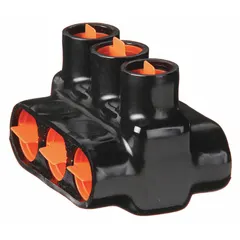 Aluminum multitap connector with double-sided entry and three ports. Accepts wire sizes from 6 AWG to 500 kcmil. Suitable for splicing and tapping multiple conductors in dry-location electrical enclosures, such as panelboards and junction boxes.