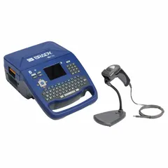 This portable label printer features Bluetooth connectivity, a 2-inch print width, and 300 dpi resolution. It includes a battery, USB cable, white indoor/outdoor vinyl label roll, and Brady Workstation software. Suitable for on-site labeling of cables, wires, and components in industrial environments.