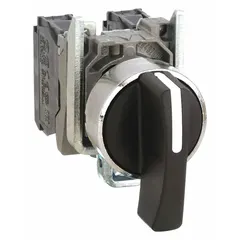 This SCHNEIDER XB4 series selector switch features a long-handled knob with a plastic operator head and metallic bezel. It offers three maintained positions (On/Off/On) with 2 normally open contacts, rated 1.2 A AC and 0.1 A DC at 600 V. Suitable for panel-mount control applications requiring stable state retention, such as machine mode selection or process control.