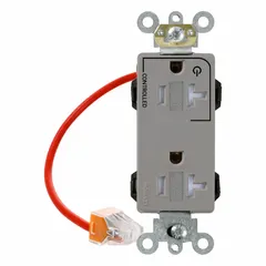 Gray duplex receptacle rated 125V AC and 20 A with NEMA 5-20R configuration (2 pole / 3 wire). Accepts NEMA 5-20P plugs for general-purpose power distribution in commercial and industrial settings, such as office equipment and light machinery.