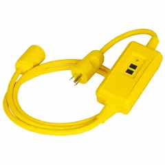 This inline GFCI cord provides ground-fault protection for portable equipment. It features a 5-15P plug and 15-15R receptacle, 14/3 cable, 1 1/2 ft length, 15 A rating, 120V AC, and auto reset function. Suitable for use in industrial environments where temporary power is needed.