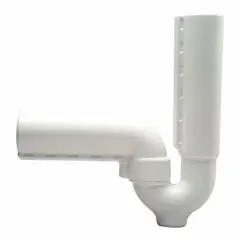 White PVC trap and pipe covering for sinks. Conceals and protects P-trap and plumbing pipes under sinks in commercial and residential restrooms. Nominal pipe size 3 1/4 in, nominal wall 8 1/4 in.