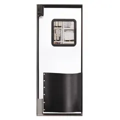 White textured polyethylene swinging door, 3 ft wide by 7 ft high, with one door. Includes polycarbonate window, door seals, bumpers, and mounting hardware. NSF certified. Suitable for cold storage, processing, or clean-room environments requiring a sanitary barrier.
