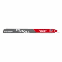 Carbide reciprocating saw blade for cutting thick metal. 12-inch length and 1/16-inch width. Suitable for demolition, fabrication, and maintenance tasks on steel pipes, beams, and heavy-gauge sheet metal.