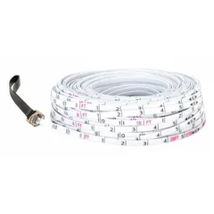 Manual long measuring rope with fiberglass construction. Features a single-sided inch scale with 1/8 in graduations and a loop end tip. Blade length is 100 ft (SAE). Used for surveying, construction, and land layout where a non-conductive measuring tool is needed.