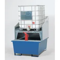 Silver splash guard designed for IBC tote dispensing systems to contain splashes and spills during liquid transfer. Measures 59 inches in length, 55 inches in width, and 46 inches in height. Compatible with DENIOS models K17-1156, K17-3156, K17-8003, and K17-8018