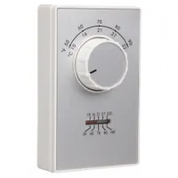 Analog thermostat for heat or cool applications. Features an exposed dial control with SPDT switch action (open/close on rise). Temperature control range 50° to 90°F. Supports 1H/1C staging with no fan setting. Suitable for line-voltage control in commercial or industrial spaces