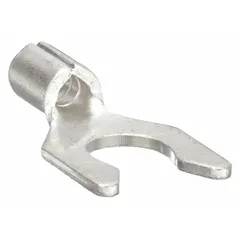 Non-insulated fork terminal with #8 stud size, accepting 22 to 16 AWG wire. Locking fork design secures connection in vibration-prone applications. Rated for 600 V. Suitable for use in control panels, junction boxes, and industrial equipment.
