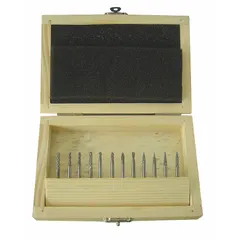 This 12-piece set of double-cut carbide burs features head diameters ranging from 3/32" to 1/8" with a 1/8" shank. The double-cut design enables efficient material removal and shaping on metals, plastics, and wood. Commonly used for deburring, weld preparation, and die grinding in industrial maintenance and fabrication.
