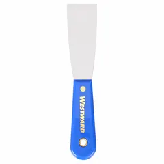 Standard spreading tool with a full-tapered carbon steel blade and a plastic handle. Designed for applying and smoothing materials such as putty, spackle, or joint compound on surfaces.