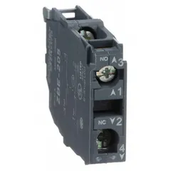 Momentary contact block with one normally open and one normally closed contact. Screw clamp terminals for secure wiring. Designed for use in industrial control stations, pushbutton stations, and selector switch assemblies requiring momentary switching action.