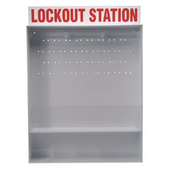 Wall-mount lockout board made of polystyrene with an open-front cover. Unfilled, designed to hold up to 20 lockout devices for organizing energy isolation procedures in facility lockout/tagout programs.