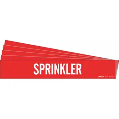 Red adhesive pipe marker with white legend reading 'Sprinkler'. Designed for pipe outer diameters of 8 inches and larger. Pack of 5 markers without arrows. Used to identify sprinkler piping in industrial and commercial facilities.
