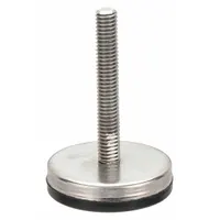 This non-skid male leveling mount features a round plain-finished base and a rubber thrust pad. With a 1/2"-13 thread size, 3.19 in type, and 500 lb load capacity, it is used for leveling and stabilizing industrial machinery, conveyors, and workstations, providing vibration dampening and floor protection