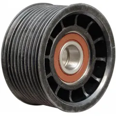 Serpentine ribbed V-belt idler pulley with flanged flange and 10 grooves. Made from polymer for heavy-duty performance. Used for belt tensioning and alignment in vehicle engine accessory drive systems.