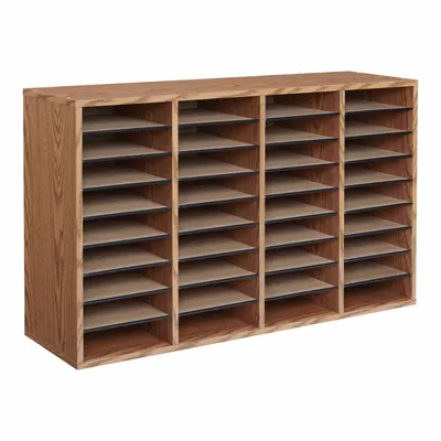 SAFCO Literature Organizer: Medium Oak, 36 Compartments, Includes Label Holders - Literature Sorters