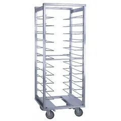 Standard-duty end-loading rack for full-size 18 x 26 in sheet pans. Features 12 slots with 4 1/2 in spacing, 250 lb capacity, and gray aluminum construction. NSF certified for refrigerator use. Dimensions: 64 1/2 in H x 26 3/8 in W.
