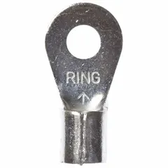 Non-insulated ring terminal for terminating 8 AWG wire to a #10 stud. Rated for 1,000 V. Features a brazed barrel and seam for mechanical strength. Used in power distribution, control panels, and heavy equipment wiring.