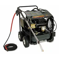 This hot water pressure washer operates on 120 V single-phase power, delivering 1,500 psi at 2 gpm with a 2 hp motor. It features a direct pump drive and uses kerosene as burner fuel. Suitable for cleaning tasks requiring heated water, such as degreasing machinery and removing heavy grime