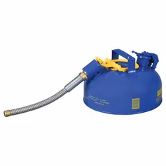 This EAGLE Type II safety can is designed for storing and dispensing kerosene in industrial settings. It has a 1 gallon capacity and includes a 7/8 in OD hose. The blue finish aids identification. Typical applications include maintenance, machining, and combustion operations where flammable liquids require controlled handling.