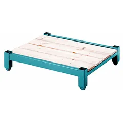 This stack rack base is constructed of steel with a green baked enamel finish and features wood decking. It has a load capacity of 4,000 lb. Used in warehouses and industrial facilities for organizing and storing heavy materials, it supports palletized or bulk loads and enables safe stacking.