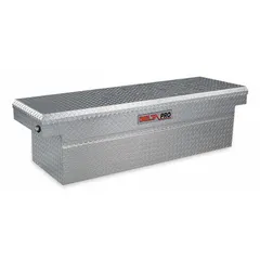 This single-lid crossover truck box is constructed from aluminum with a silver finish. It has an overall width of 61 inches and is designed for cross-bed mounting on pickup trucks, providing secure, weather-resistant storage for tools and equipment.