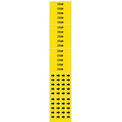 Yellow adhesive pipe markers with black legend reading 'Steam' for identifying steam piping systems. Each pack contains 3 markers without arrows, designed for pipes with an outside diameter of 3/4 inch and smaller. Suitable for permanent marking in industrial facilities to aid in quick line identification during operation or maintenance.