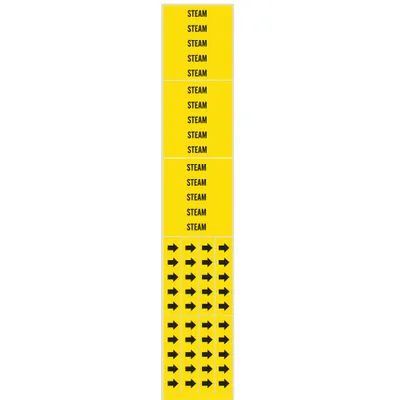 BRADY Pipe Marker: Steam, Yellow, Black, Fits 3/4 in and Smaller Pipe O.D., 3 Pipe Markers - Steam Adhesive Pipe Markers