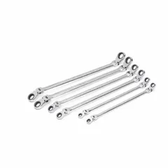 This set includes metric double-end wrenches with 12-point ratcheting box ends for turning fasteners. The ratcheting mechanism allows continuous rotation with minimal arc swing, useful in confined spaces. Suitable for tightening and loosening fasteners in mechanical assembly and maintenance tasks.