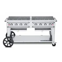 This wheeled grill features 8 burners with a total heating capacity of 129,000 BtuH. It accommodates two 20 lb propane tanks and has an overall height of 36 inches and depth of 28 inches. Suitable for outdoor cooking applications requiring portability and high heat output