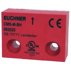 Plastic-bodied magnetically coded actuator for use with EUCHNER CMS series magnetically actuated safety interlock switches. Enables non-contact interlocking for industrial machine guards and doors in automated production and packaging equipment.