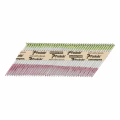 Collated framing nails with 3 1/4" length, offset round head, ring shank, steel construction, glue coating, diamond point, and galvanized finish. Pack of 2,000. Used for framing, sheathing, and truss assembly in construction.