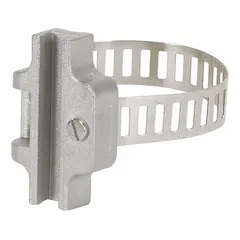 Aluminum round bracket assembly for securing pneumatic tubing or hoses. Hose clamp type fits bore diameters of 10 mm, 12 mm, 16 mm, 20 mm, and 25 mm. Suitable for industrial automation systems requiring organized hose routing.