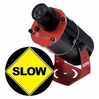 This 80 W LED projector includes a lens and image template for projecting fixed images or logos onto surfaces. It features slow-rotation image disk and comes with mounting brackets. Typical applications include industrial signage, safety warnings, and facility identification