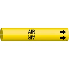 Yellow snap-on pipe marker with black legend reading 'Air' and directional arrows. Designed for pipe outer diameters from 2-1/2 to 3-7/8 inches. Used to identify air piping systems in industrial facilities, aiding in quick location and tracing of lines during operation or maintenance.
