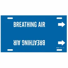 Blue snap-on pipe marker with white legend 'Breathing Air' and directional arrows. Fits pipe outer diameters from 6 to 7-7/8 inches. Used to identify breathing air lines in industrial piping systems for safety and compliance.