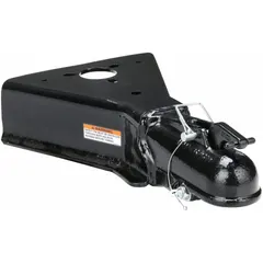 Steel A-frame coupler with V-type design and powder-coated finish. Gross towing weight capacity of 15,000 lb. Used to connect a trailer to a tow vehicle for heavy-duty towing applications.