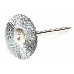 Crimped steel wire brush for light-cleaning, surface preparation, and deburring on carbon steel. Features a 1" diameter wheel with 1/8" face width and 1/8" shank. Fill diameter is 0.005". Suitable for precision cleaning in maintenance and fabrication tasks.