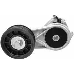 Self-adjusting belt tensioner with one pulley, 3 in outside diameter. Maintains proper tension in automotive accessory drive systems for components such as alternators, water pumps, and power steering pumps.