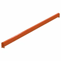 Roll-formed teardrop step beam, 108 in length, 2 1/2 in x 3 in profile, orange finish. Used as a horizontal load-supporting beam in teardrop-style pallet rack systems, connecting upright frames to create storage levels for palletized goods.