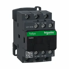 This SCHNEIDER non-reversing IEC contactor is rated for 18 A with a 110V AC coil. It features 3 poles and 3 normally open (NO) contacts, without integrated surge suppression. Typical applications include motor control, lighting, and HVAC switching in industrial automation and panel building.