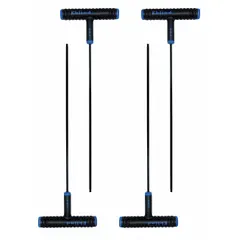 This 4-piece set of T-shaped hex keys features a 6 mm metric tip size, long length, and black oxide finish. Made from alloy steel, each key has one ball end for angled access up to 25 degrees. Suitable for tightening or loosening hex socket fasteners in confined spaces.