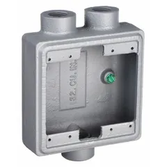 This rectangular iron weatherproof electrical box from Appleton Electric has a 32 cu in capacity and a 3/4 in hub size. The 2-gang enclosure is finished in gray. It is used for outdoor or industrial wiring installations where protection from moisture and corrosion is required.