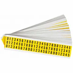 Repositionable character set for indoor use. Includes digits 0 through 9 in 3/8-inch Gothic black characters on a yellow, non-reflective background. 25 pieces per kit. Not self-spacing or aligning. Suitable for labeling equipment, bins, or panels in industrial facilities.